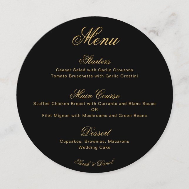 Menu Mariage Noir Or Simple Calligraphie Script Rond (Devant)