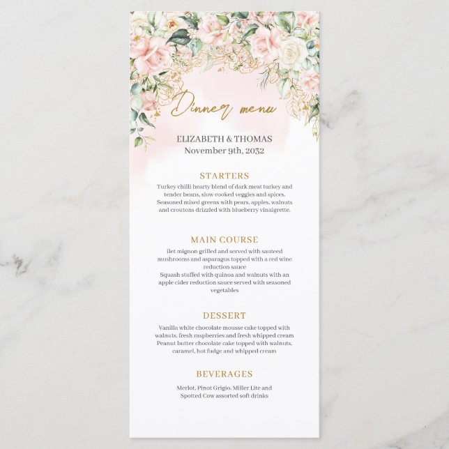 Menu Mariage or roses roses roses douces entièreme (Devant)