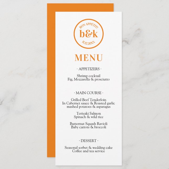 MENU Mariage orange minimaliste moderne (Devant / Derrière)