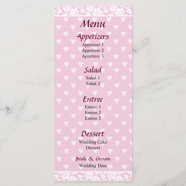 Menu Mariage Pale Pink Hearts (Devant)