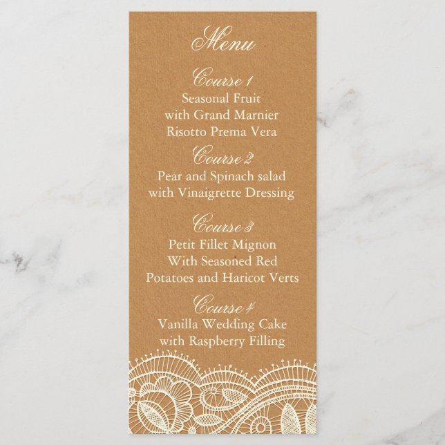 Menu Mariage papier dentelle et Kraft (Devant)