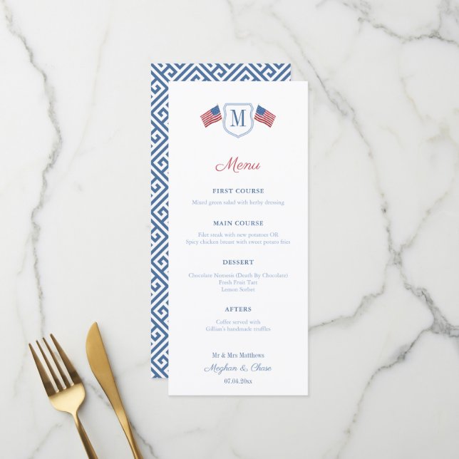 Menu Mariage Patriotique Rouge Blanc Et Bleu Monogramme (Devant/Arrière en situation)