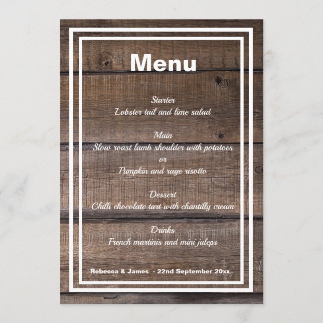 Menu Mariage personnalisé en bois rustique (Devant)