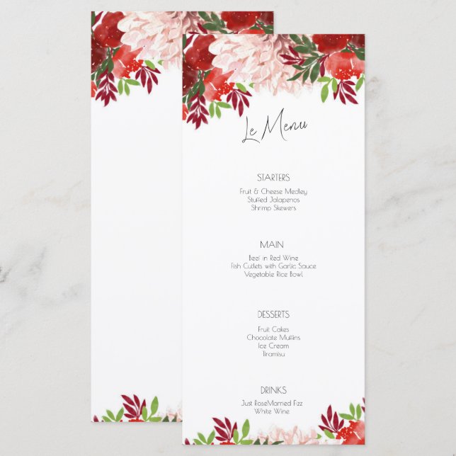 Menu Mariage plat rose gras (Devant / Derrière)