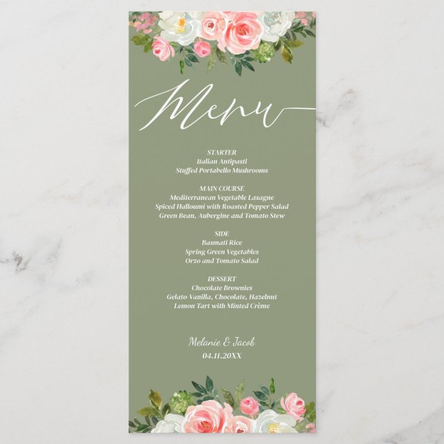 Menu Mariage plat rose rustique (Devant)
