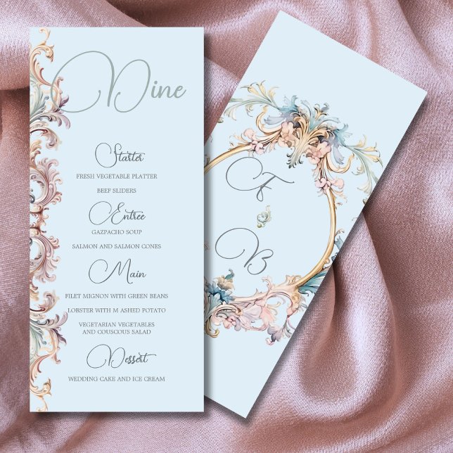 Menu mariage Regency Era Blue Monogram Monogramme (Créateur téléchargé)