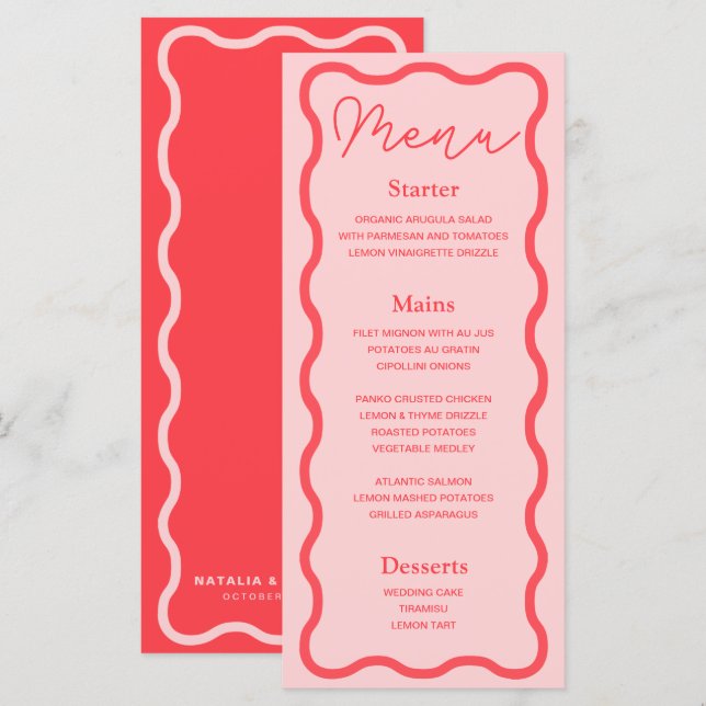 Menu Mariage rétro rose (Devant / Derrière)