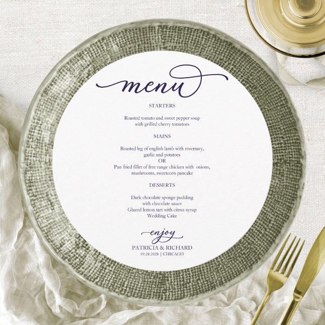Menu Mariage rond de Script bleu marine élégant (Créateur téléchargé)