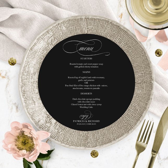 Menu Mariage Rond Élégant Noir Et Blanc (Créateur téléchargé)