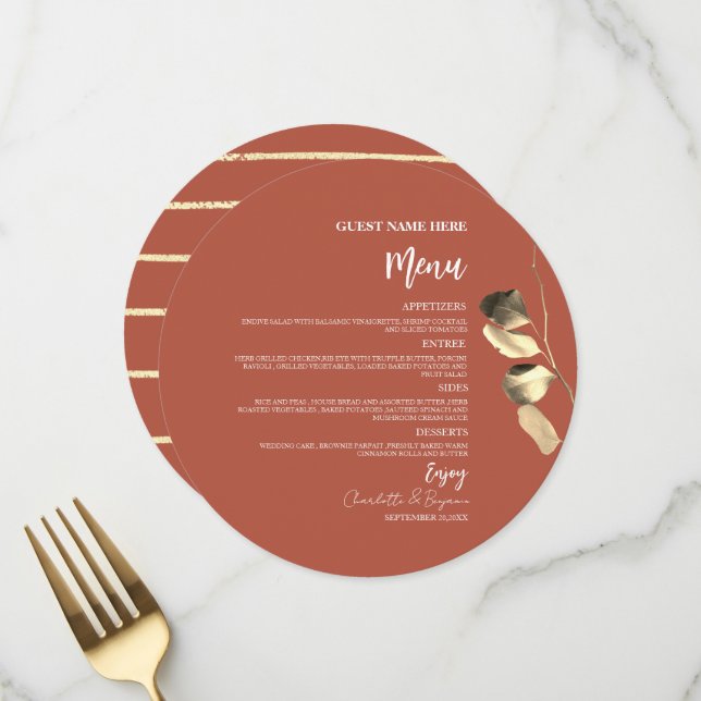 Menu Mariage Rond Eucalyptus Or Terracotta Orange (Devant/Arrière en situation)