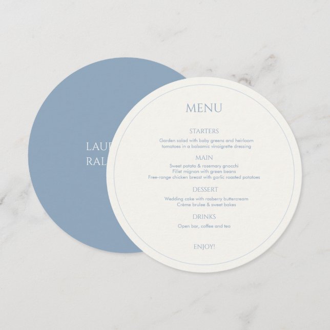 Menu Mariage rond Monogrammé bleu et ivoire Dusty (Devant / Derrière)