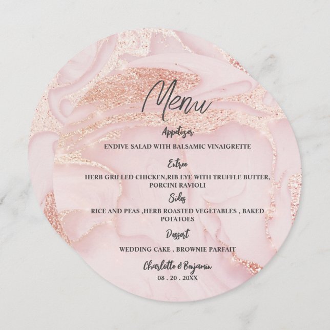 Menu Mariage rond rose Parties scintillant rose or (Devant / Derrière)