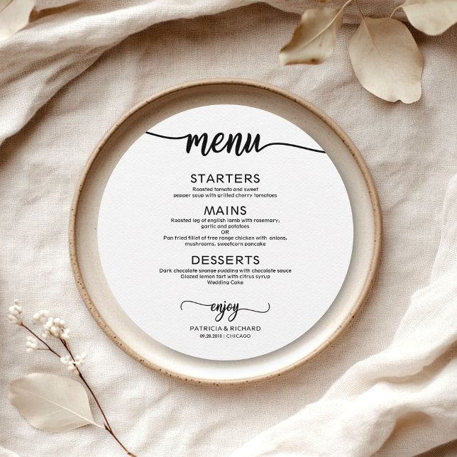 Menu Mariage Rond Simple Élégante Calligraphie (Créateur téléchargé)