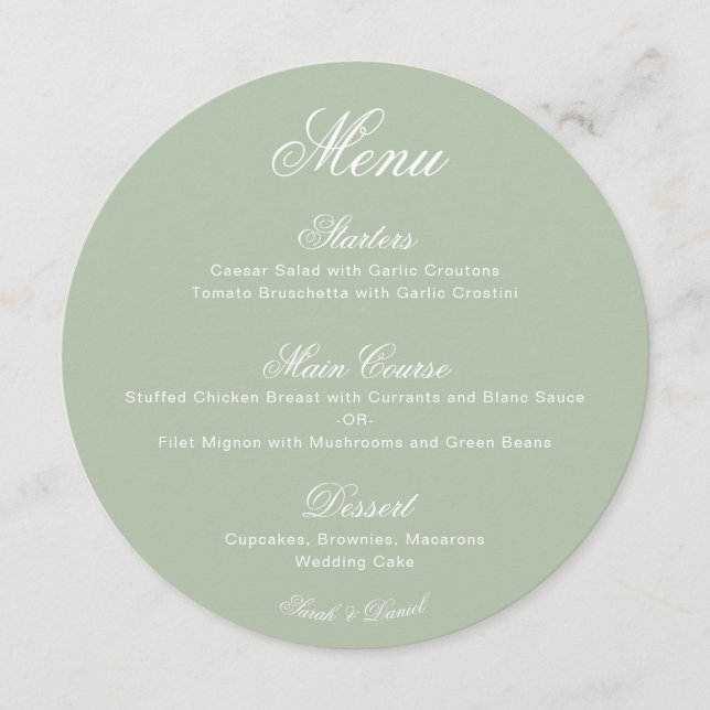Menu Mariage Rond Vert Sauge Simple Calligraphie Script (Devant)