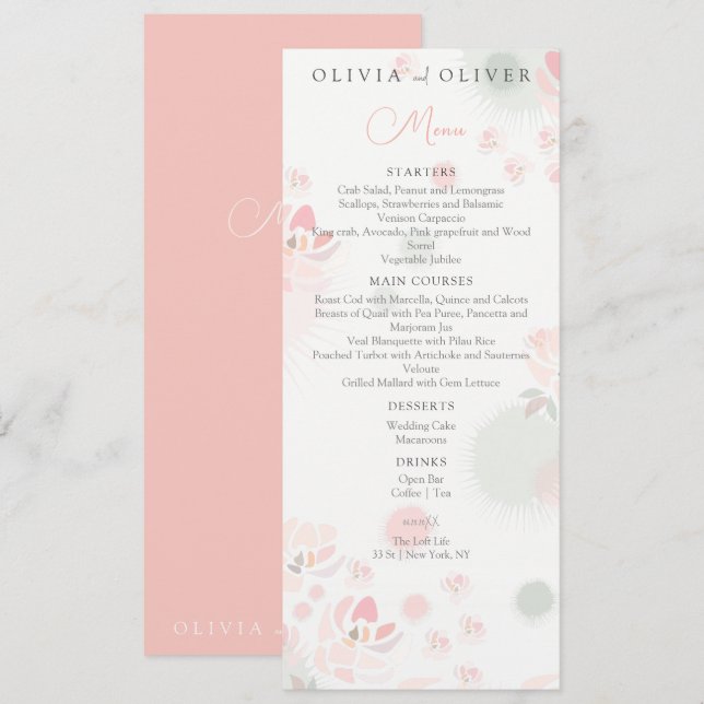 Menu Mariage Rose de thé doux (Devant / Derrière)