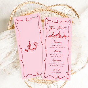 Menu Mariage Rose et Rouge au Dessin Main Fantaisiste