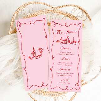 Menu Mariage Rose et Rouge au Dessin Main Fantaisiste
