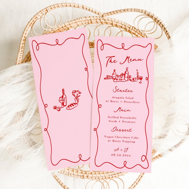 Menu Mariage Rose et Rouge au Dessin Main Fantaisiste (Créateur téléchargé)