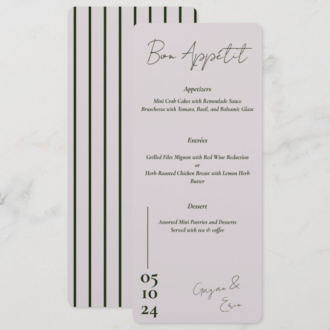 Menu Mariage rose et vert foncé (Devant / Derrière)