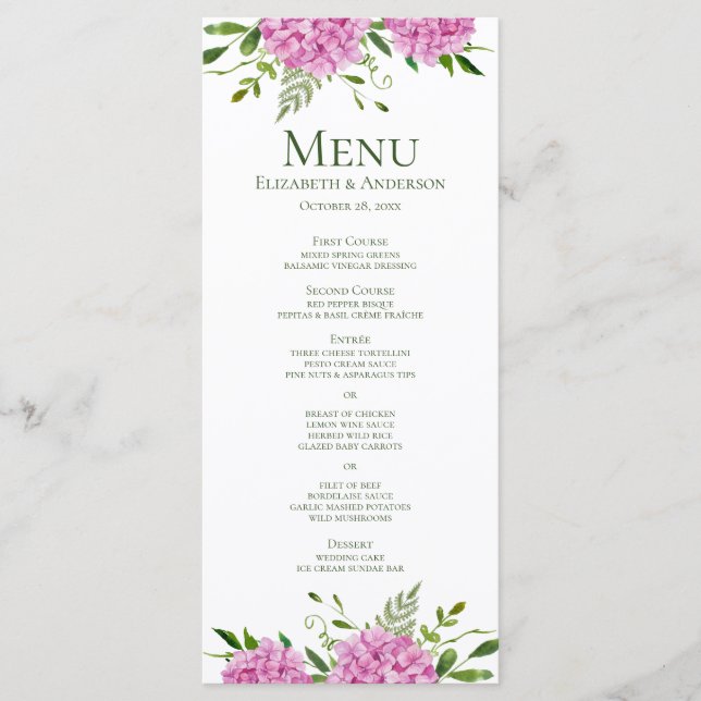 Menu Mariage rose Hydrangea (Devant)