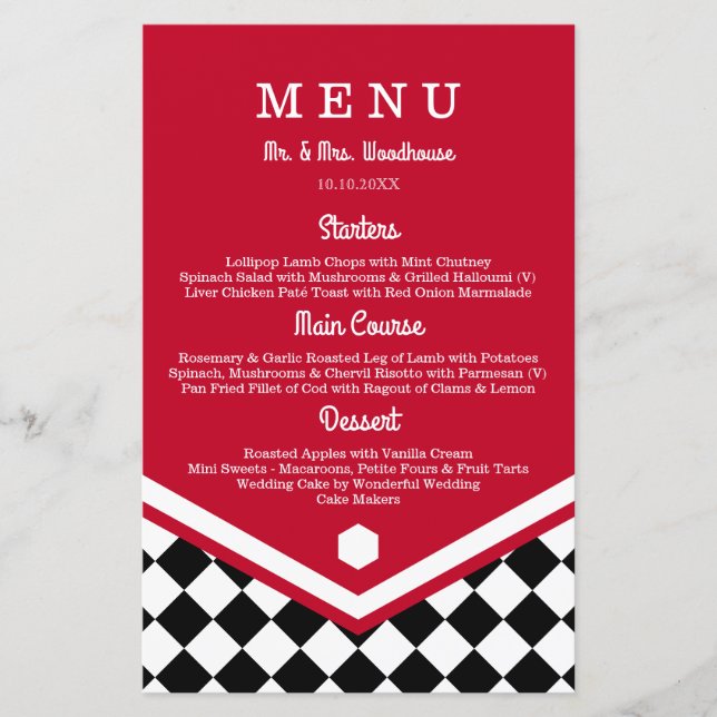 Menu Mariage rouge avec Motif À damiers noir (Devant)