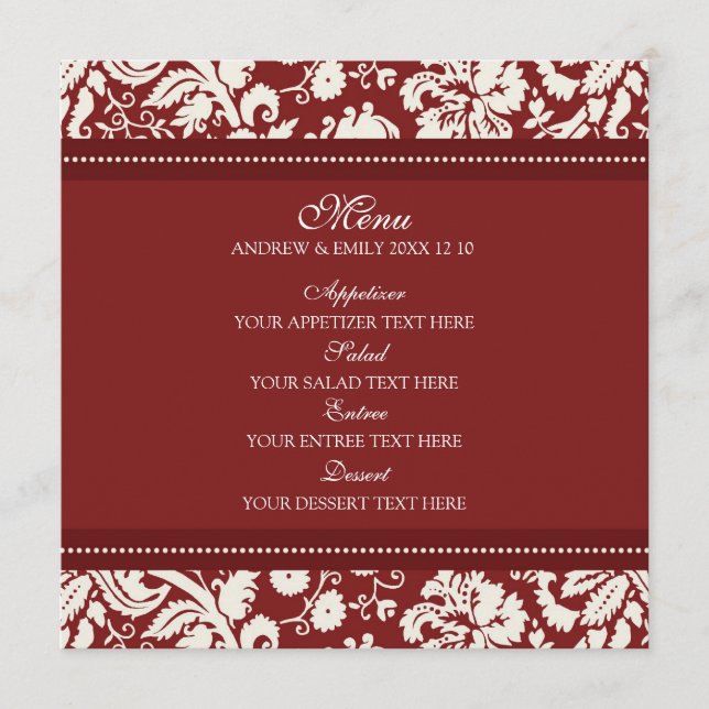 Menu mariage Rouge Floral Damask (Devant)