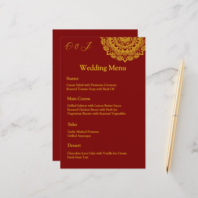Menu mariage rouge mandala or (Devant/Arrière en situation)