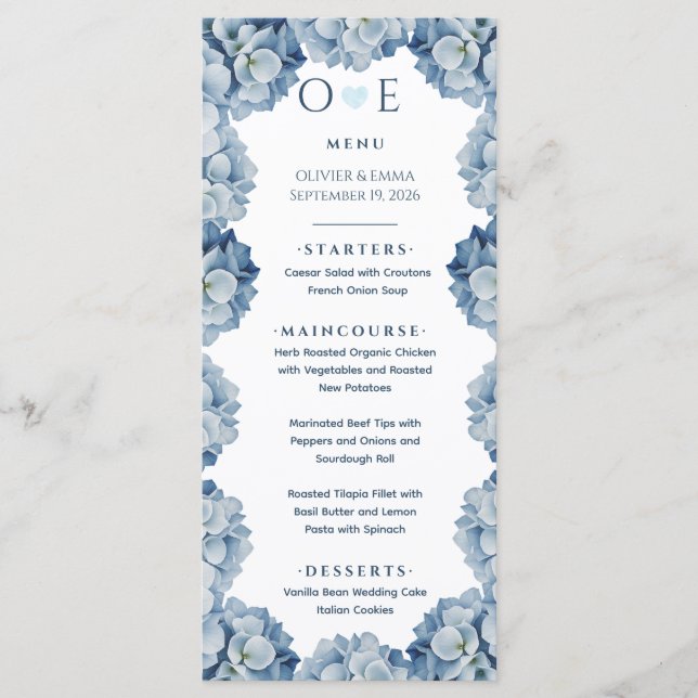 Menu Mariage Ruban d'Hydrangea Bleu Élégant (Devant)