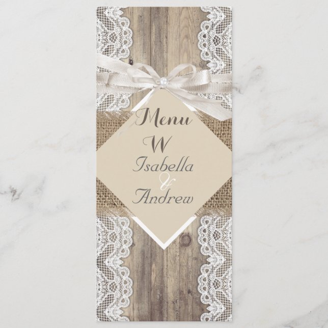Menu Mariage Russe Beige Blanc dentelle Bois Burla (Devant)