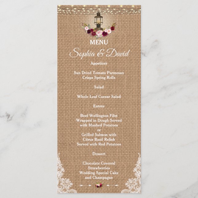 Menu Mariage Rustic Lace Burlap String Lights (Devant)