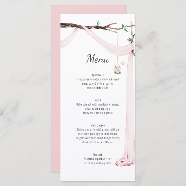 Menu Mariage Rustic Pink Drape Tree Branch (Devant / Derrière)