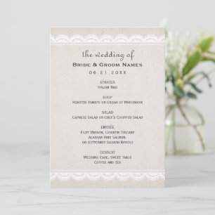 Menu Mariage rustique beige lin et dentelle