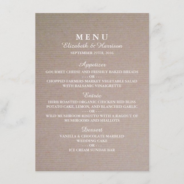 Menu Mariage Rustique Country Kraft (Devant)