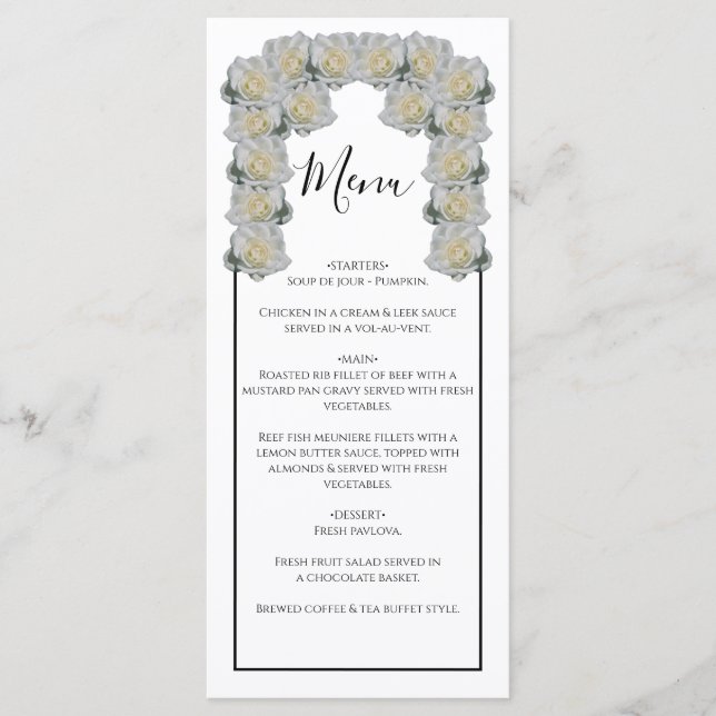 Menu Mariage Rustique Roses Blanches (Devant)