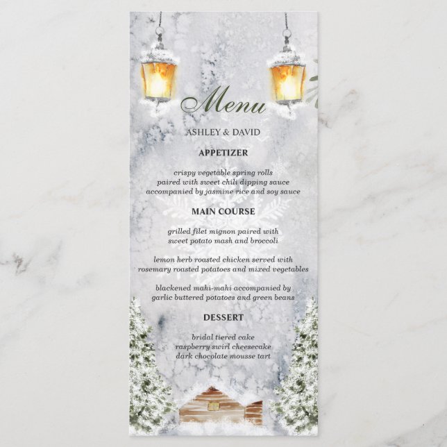 Menu Mariage Scène hivernale Cabane Rustique (Devant)
