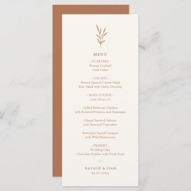 Menu Mariage simple Botanique Burnt Orange (Devant / Derrière)