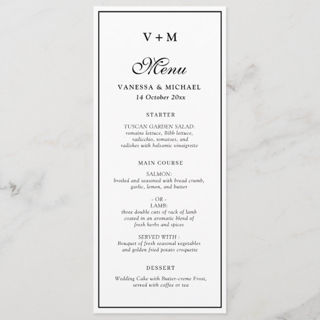Menu mariage simple cadre noir et blanc (Devant)