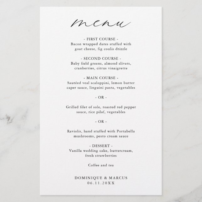 Menu Mariage simple élégant minimaliste (Devant)