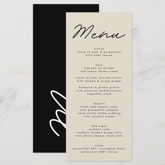 Menu Mariage simple et élégant noir & beige (Devant / Derrière)