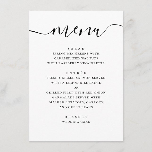 Menu Mariage simple et moderne. Script noir et blanc (Devant)