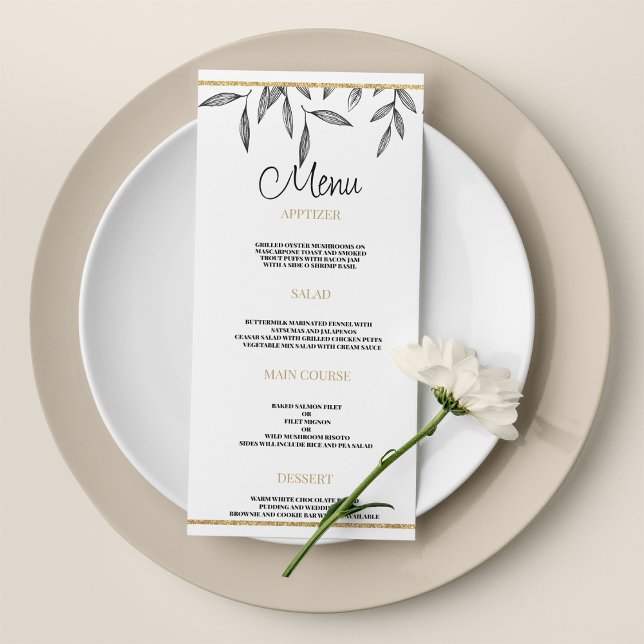 Menu Mariage simple noir blanc feuille or (Simple black white gold foliage Wedding Menu)