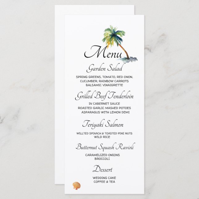 Menu Mariage sur la plage, palmiers, océan (Devant / Derrière)