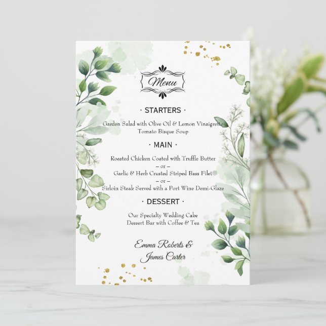 Menu Mariage table verte élégant (Debout devant)