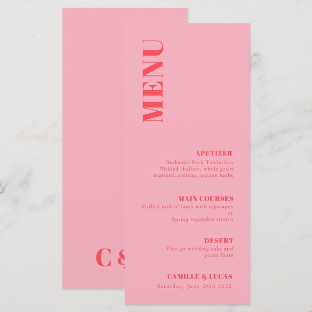 Menu Mariage tendance rose rétro (Devant / Derrière)