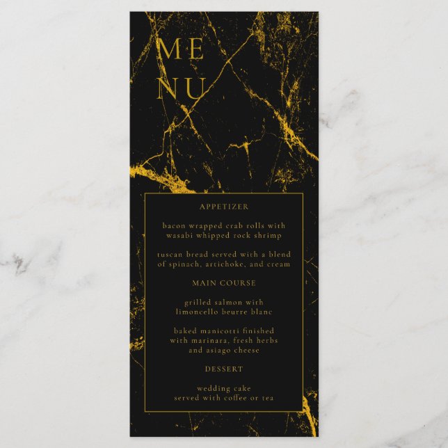 Menu Mariage Texture Marbre Noir Or (Devant)