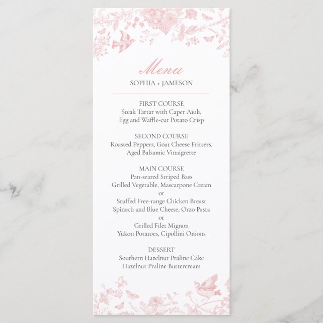 Menu Mariage Toile rose de Jouy (Devant)