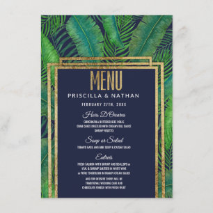 Menu Mariage tropical de bleu marine d'or de verdure de