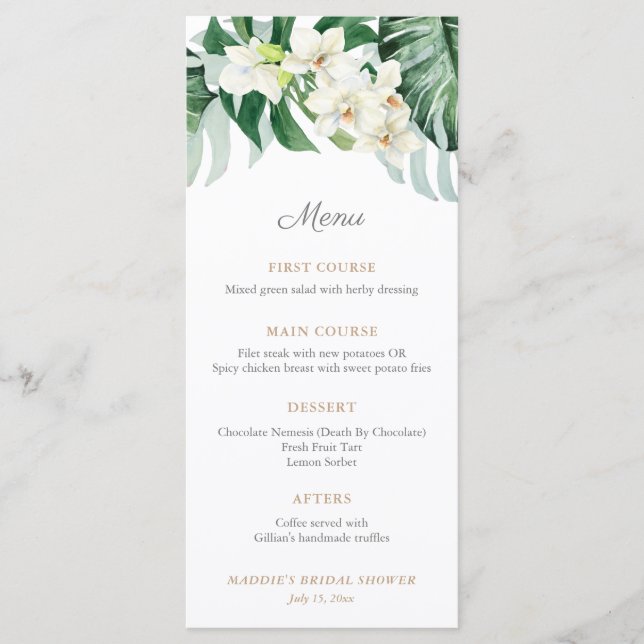 Menu Mariage Tropical Foliage Vert et Bronze (Devant)