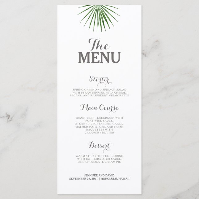 Menu Mariage Tropical Plat Minimalist Green Fern (Devant)