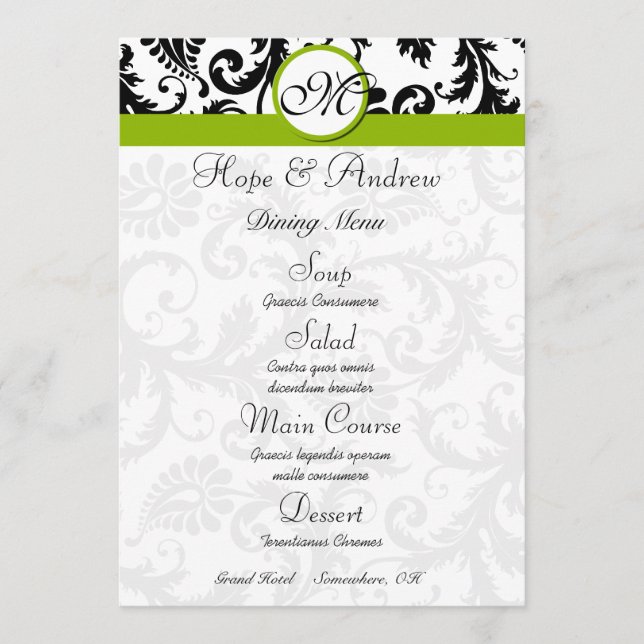 Menu Mariage vert Black Damask Swirl Apple (Devant)